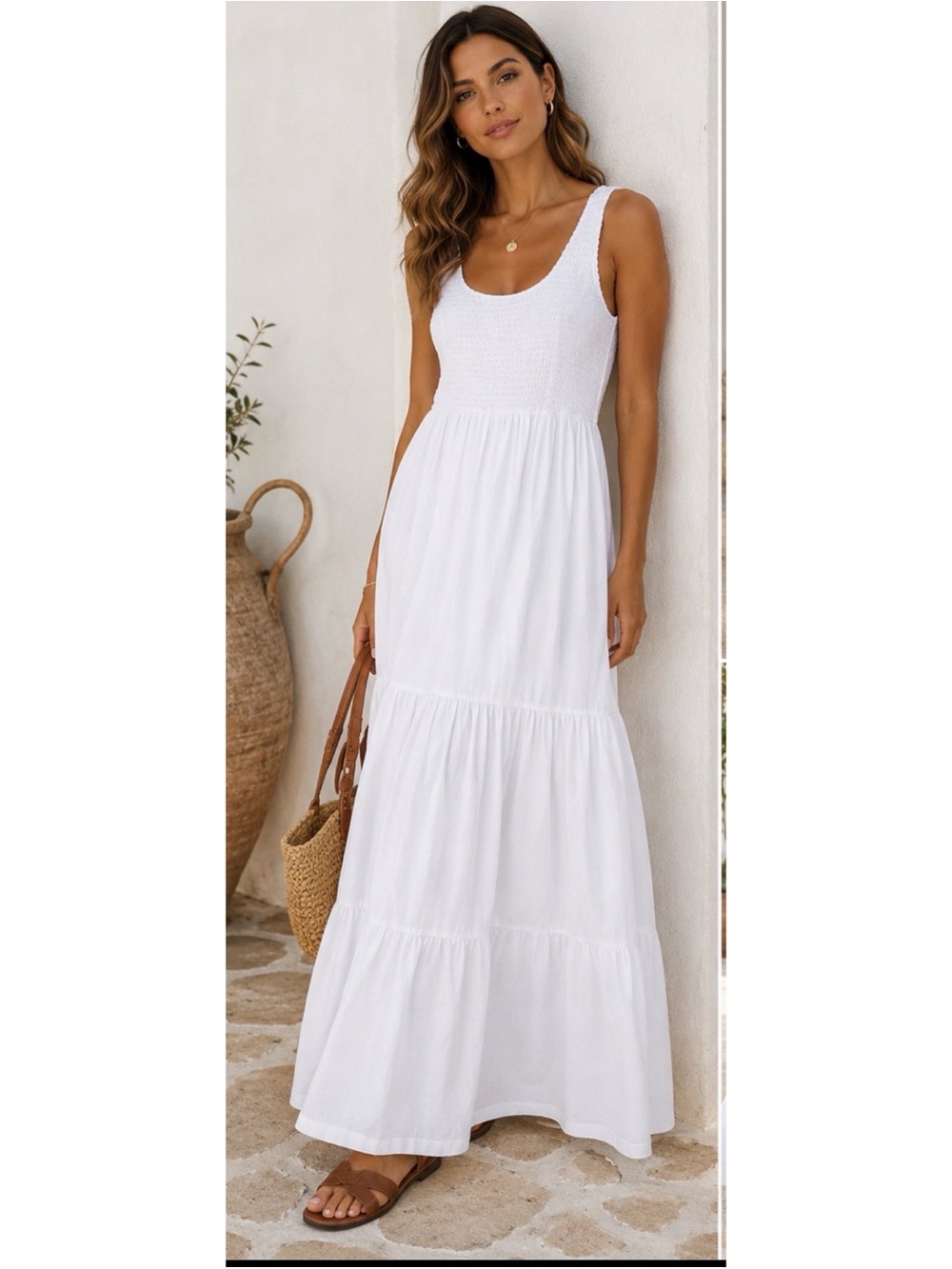 S/W/F White Cotton Smocked Tiered Maxi Dress Size Medium Resort Coastal Bridal